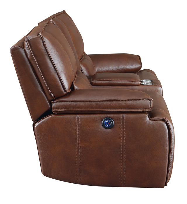 Southwick Pillow Top Arm Power Loveseat with Console Saddle Brown