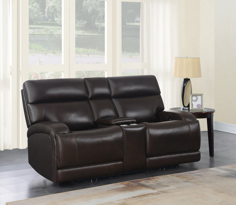 Longport Upholstered Power Loveseat with Console Dark Brown