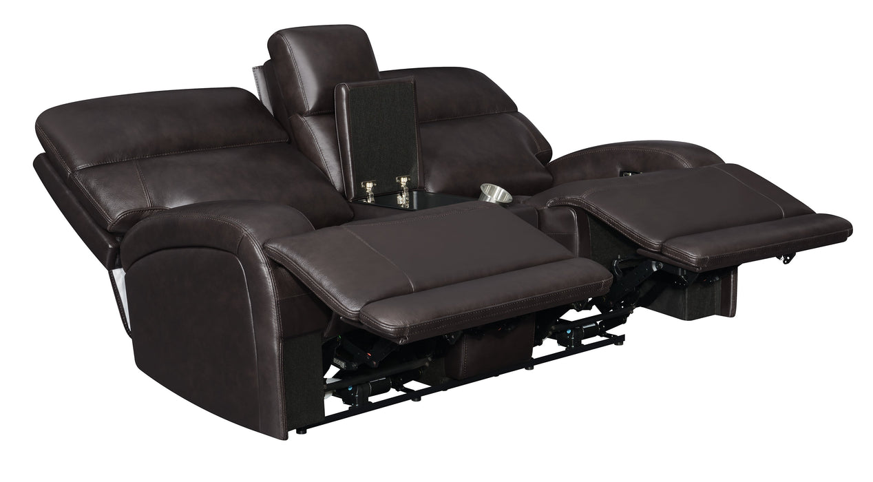 Longport Upholstered Power Loveseat with Console Dark Brown