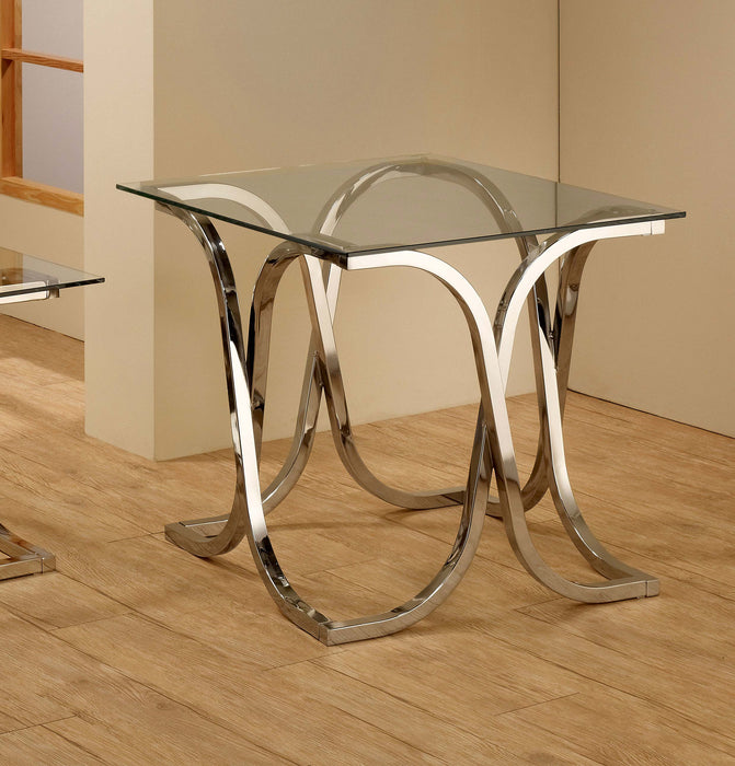 Tess Curved X-shaped End Table Nickel and Clear