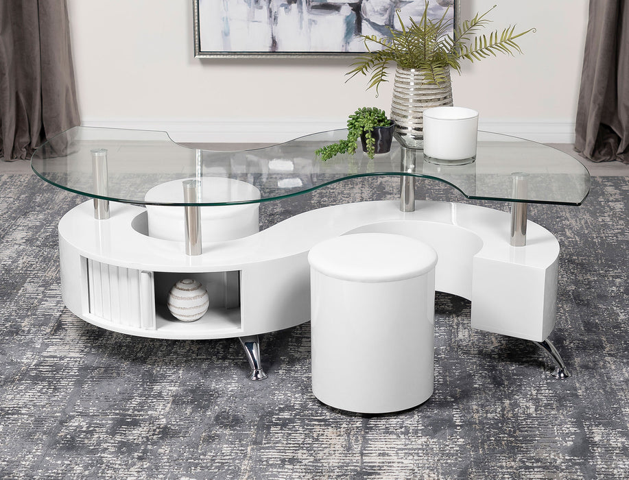 Coaster Buckley Curved Glass Top Coffee Table With Stools White High Gloss Default Title