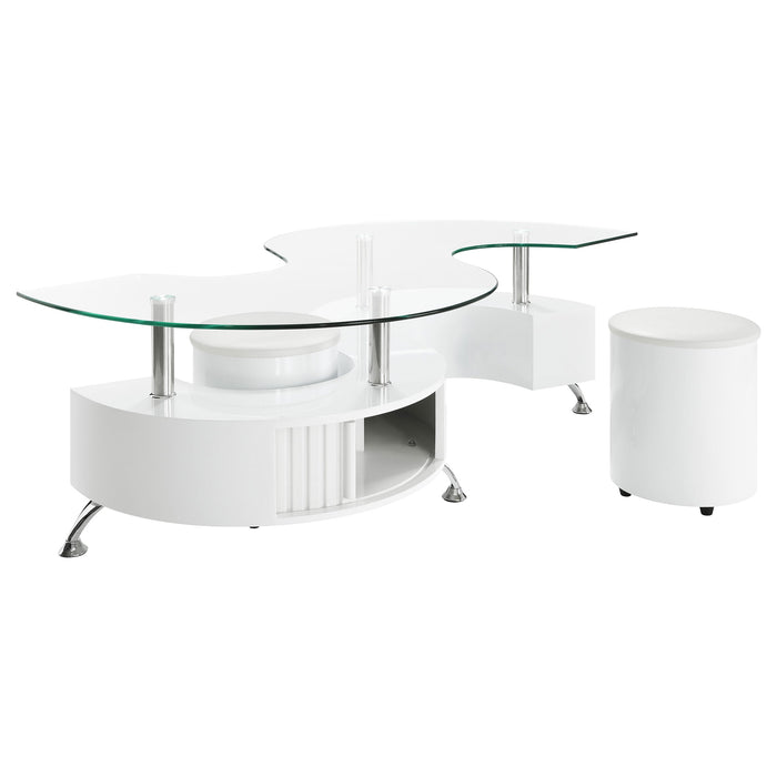 Coaster Buckley Curved Glass Top Coffee Table With Stools White High Gloss Default Title