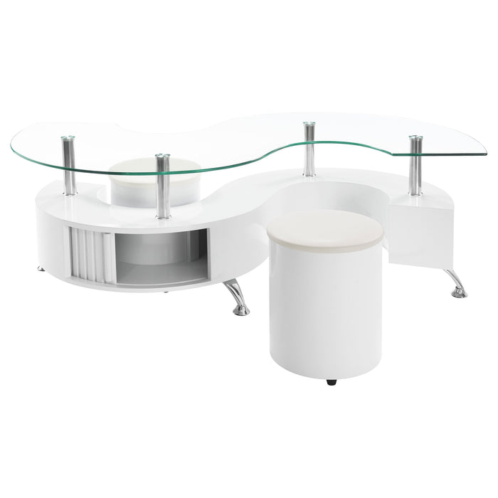 Coaster Buckley Curved Glass Top Coffee Table With Stools White High Gloss Default Title