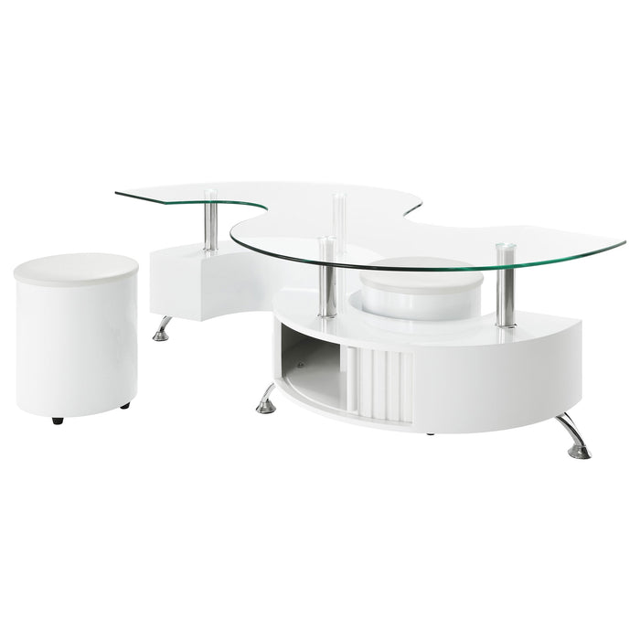 Coaster Buckley Curved Glass Top Coffee Table With Stools White High Gloss Default Title