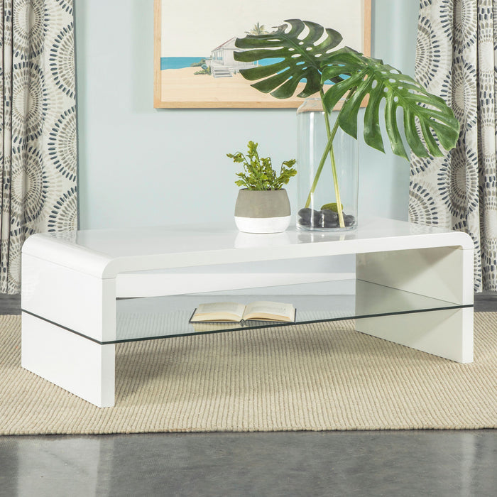 Coaster Airell Rectangular Coffee Table with Glass Shelf White High Gloss Default Title