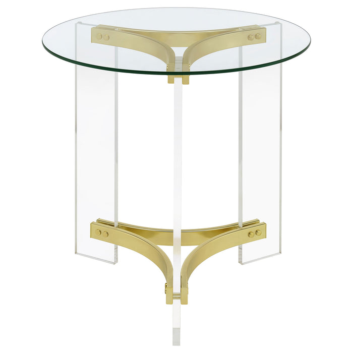 Coaster Janessa Round Glass Top End Table With Acrylic Legs Clear and Matte Brass Default Title