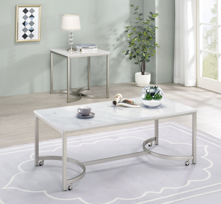 Coaster Leona Faux Marble Square End Table White and Satin Nickel Default Title