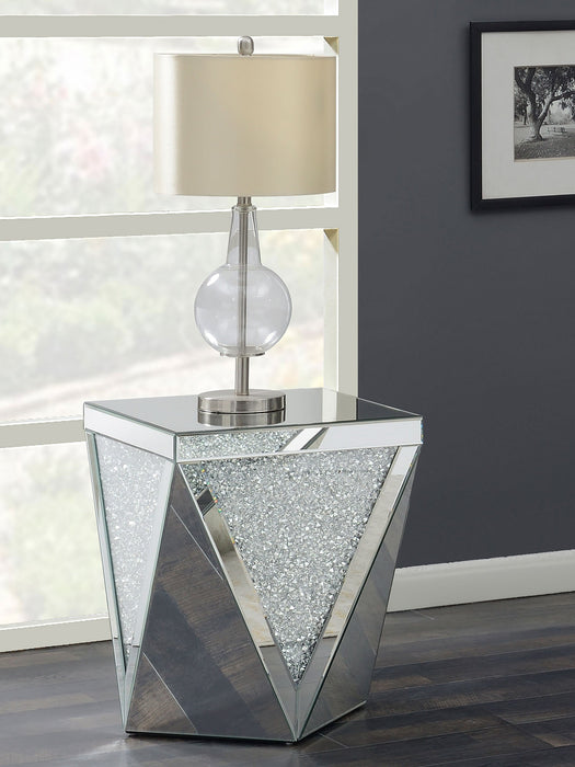 Coaster Amore Square End Table with Triangle Detailing Silver and Clear Mirror Default Title