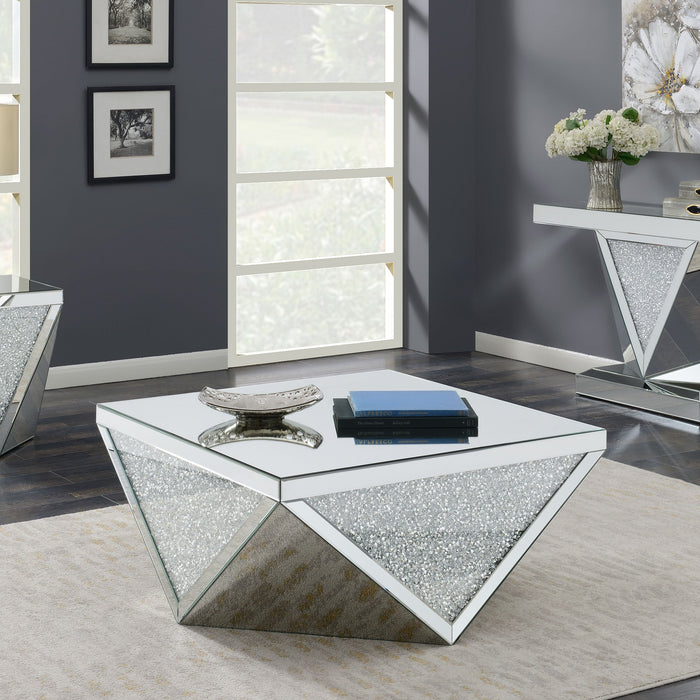 Coaster Amore Square Coffee Table with Triangle Detailing Silver and Clear Mirror Default Title