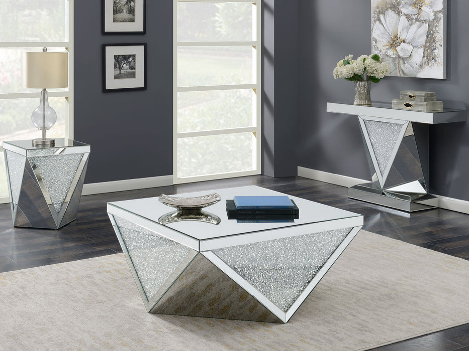 Coaster Amore Square Coffee Table with Triangle Detailing Silver and Clear Mirror Default Title