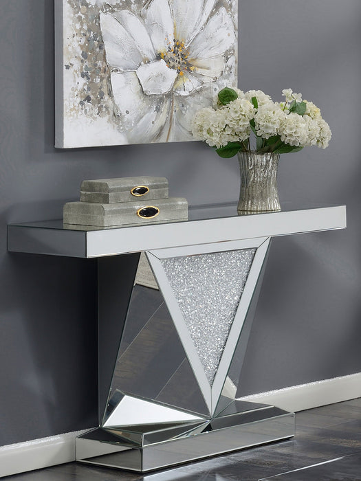 Coaster Amore Rectangular Sofa Table with Triangle Detailing Silver and Clear Mirror Default Title