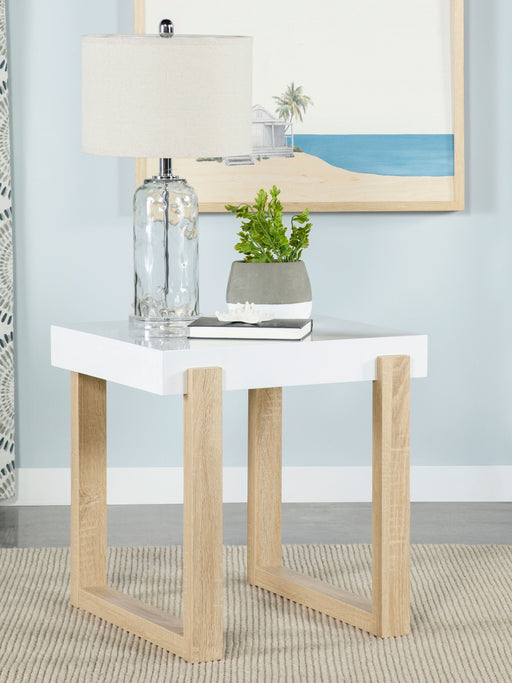 Coaster Pala Rectangular End Table with Sled Base White High Gloss and Natural Default Title