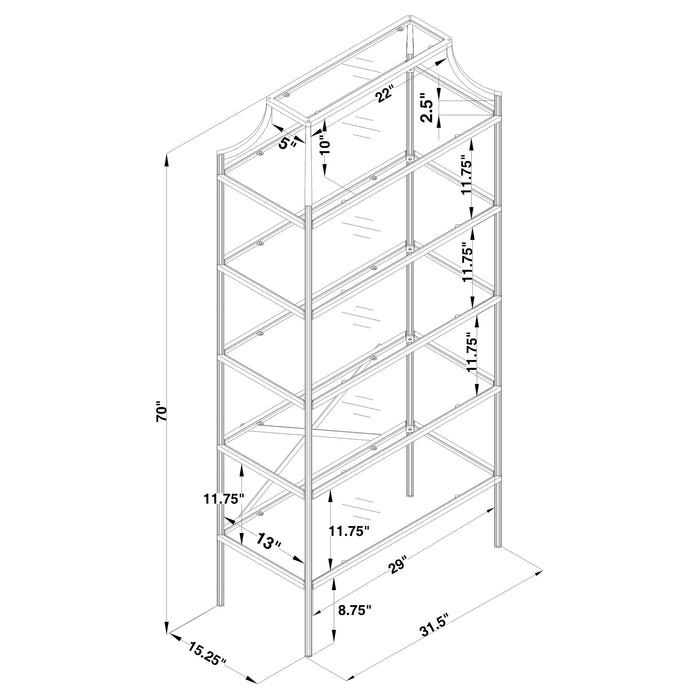 Coaster Serena 5-tier Tempered Glass Shelves Bookcase Matte Gold Default Title