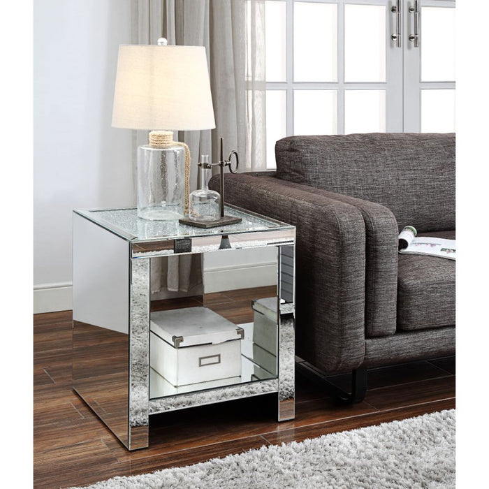 Noralie Glam Square End Table with Mirrored Sled Base & Shelf