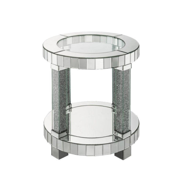 Noralie Glam Round End Table with Beveled Mirrored Frame & Shelf Base