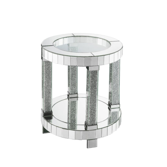 Noralie Glam Round End Table with Beveled Mirrored Frame & Shelf Base