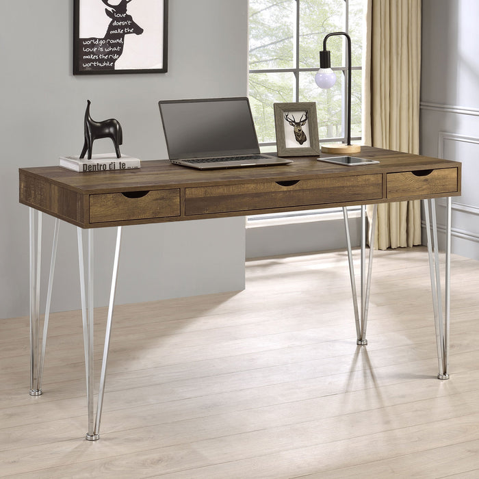 Milton 3-drawer Writing Desk Brown Oak and Chrome