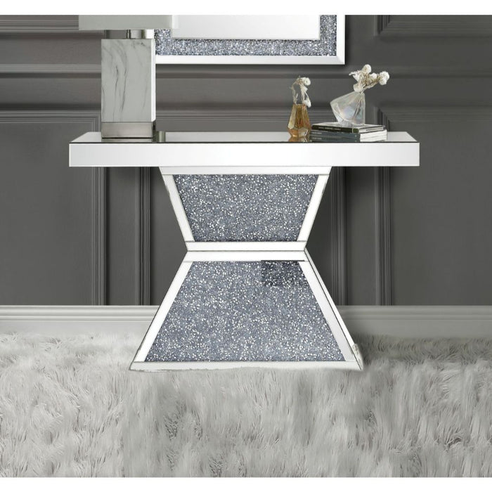 Noralie Glam Rectangular Console Table with Mirrored Geometric Pedestal Base