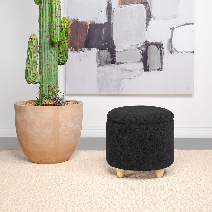 Coaster Valia Faux Sheepskin Upholstered Round Storage Ottoman Black White