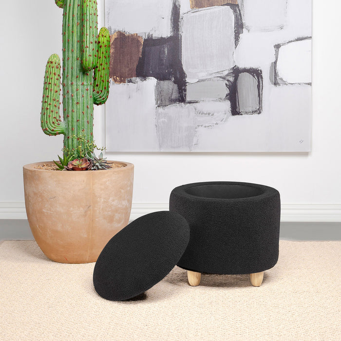 Coaster Valia Faux Sheepskin Upholstered Round Storage Ottoman Black White