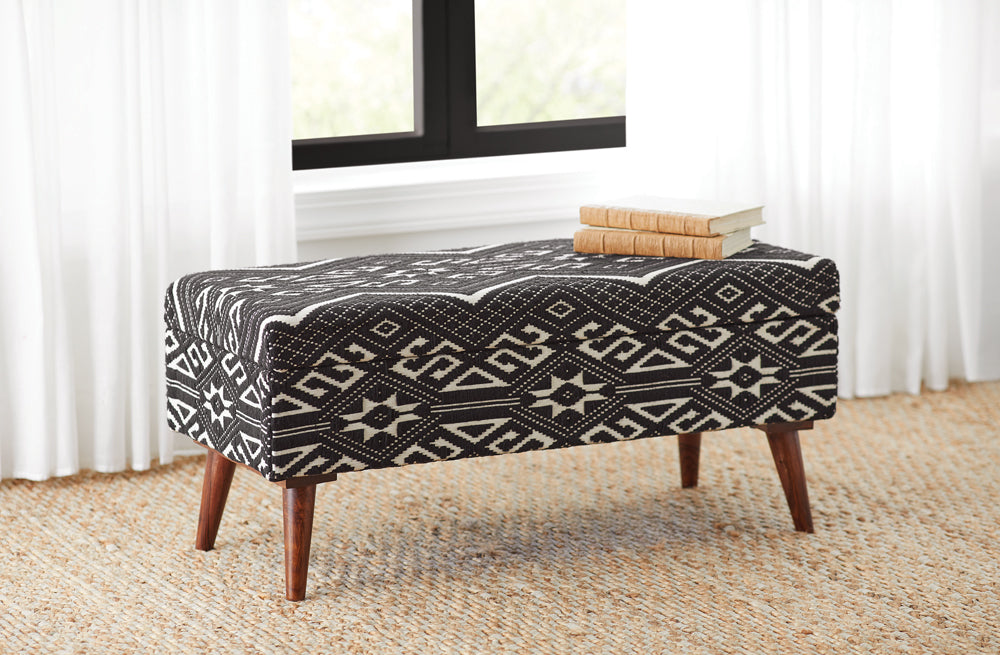 Cababi Tribal Fabric Upholstered Accent Storage Bench Black