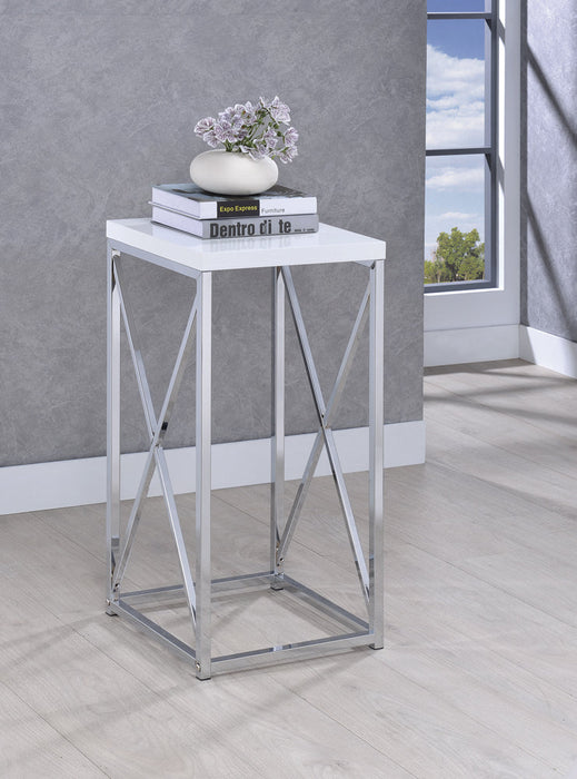 Coaster Edmund Accent Table with X-cross Glossy White and Chrome Default Title