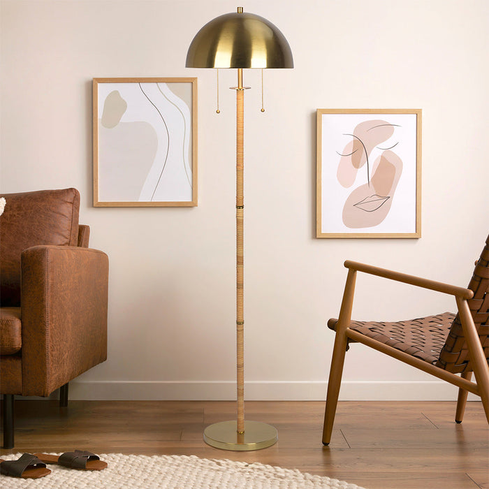 Allure 2-Light Floor Lamp, Gold Brass, Natural Rattan Tube , Double On/Off Pull Chain