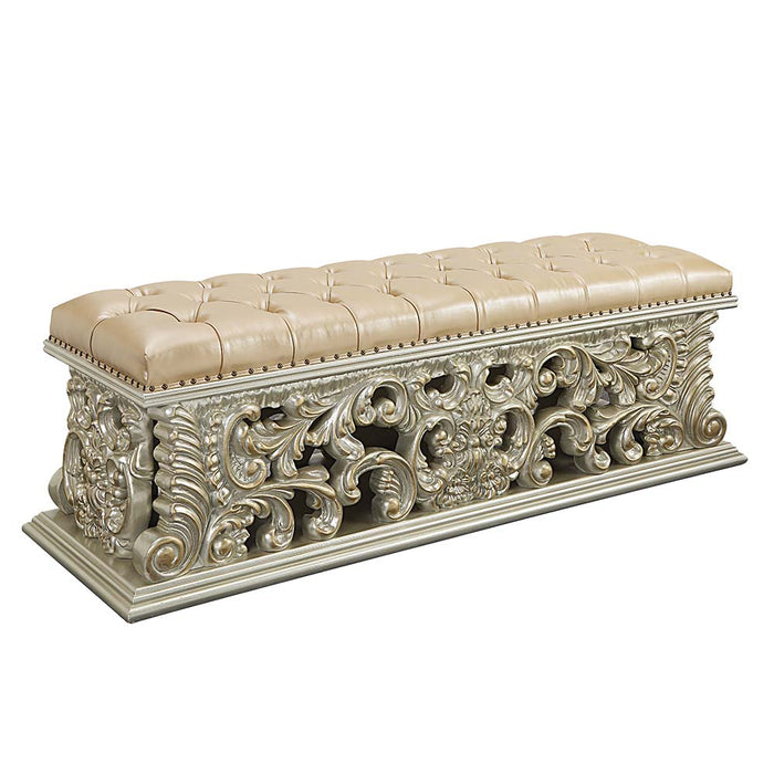 Sorina 66"L Upholstered Bench with Floral Moldings