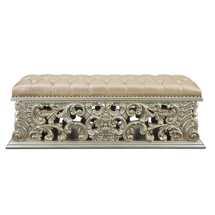 Sorina 66"L Upholstered Bench with Floral Moldings