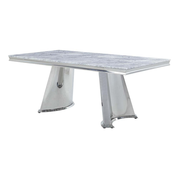 Destry Rectangular 79"L Dining Table with Marble Top & Pedestal Base