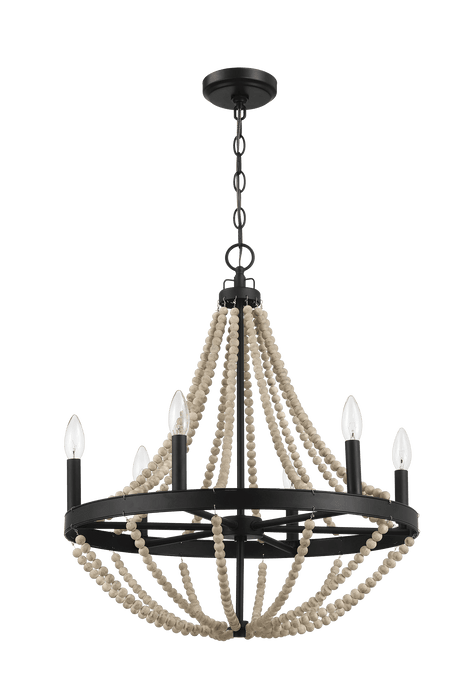 Starry Wood Chandelier Farmhouse Six Candle Light Wood Beaded Black Pendant Light for Dining Room - West Lamp