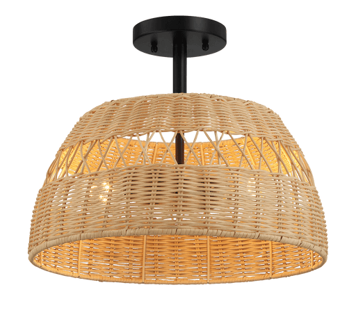 Twinkle Double Lights Semi Flush With Rattan Shade Black Metal Finish for Farmhouse Style - West Lamp