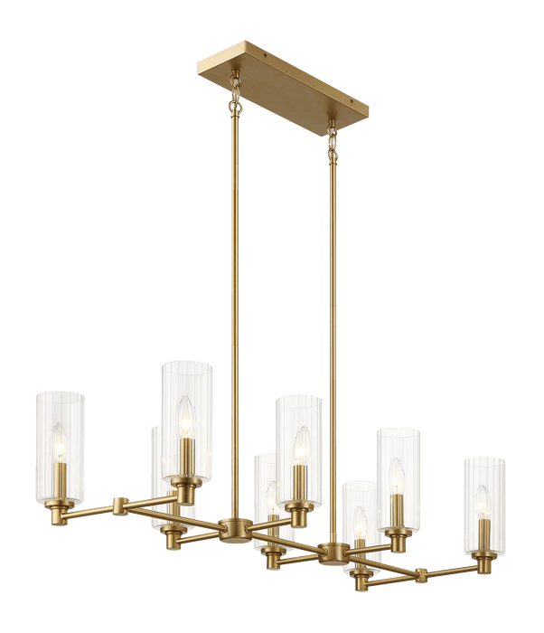 Willow Eight Lights Island With Clear Ribbed Glass Pendant Lamp - Satin Brass - West Lamp